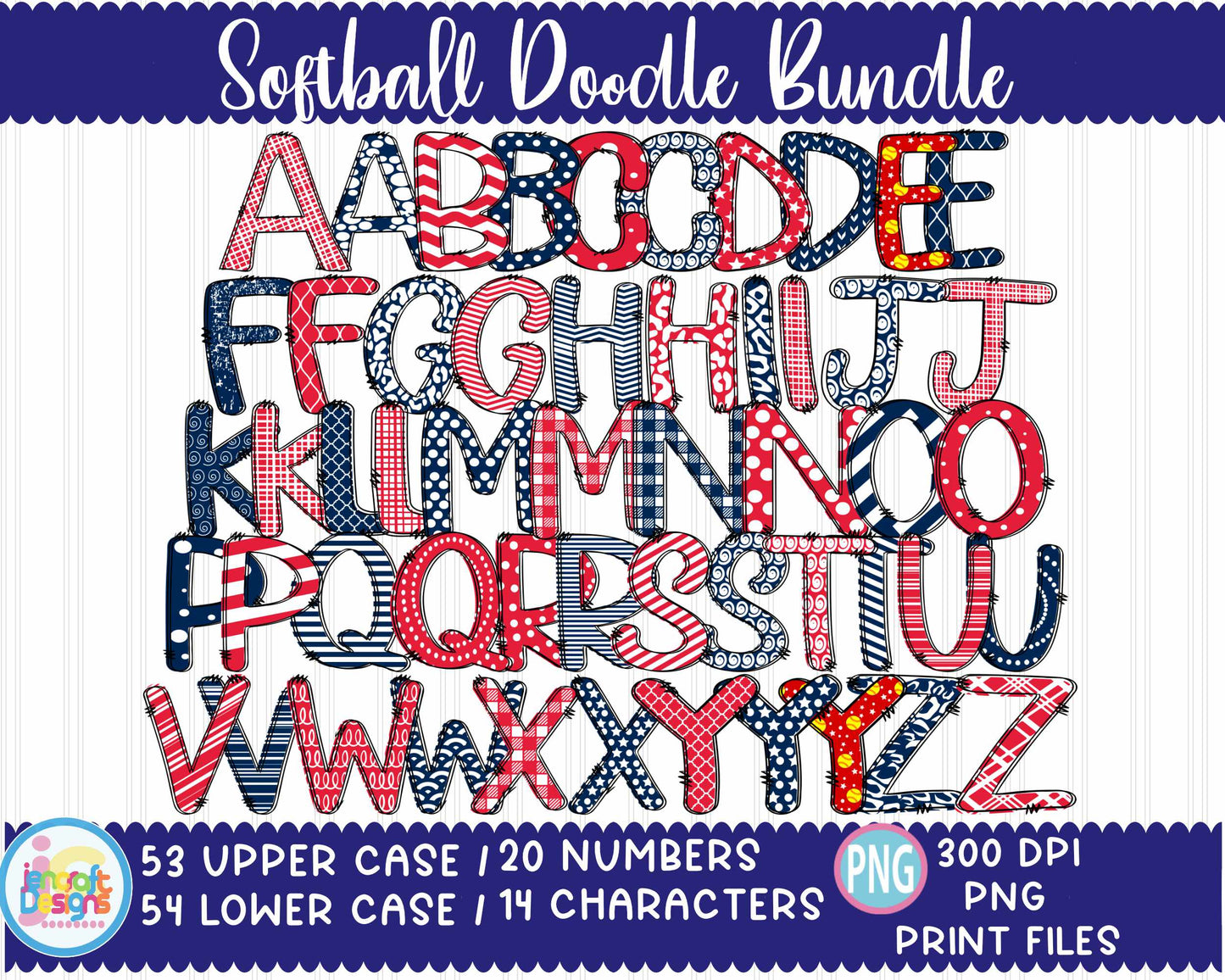 Softball Doodle Letters Png | Softball Alphabet Png Sublimation File