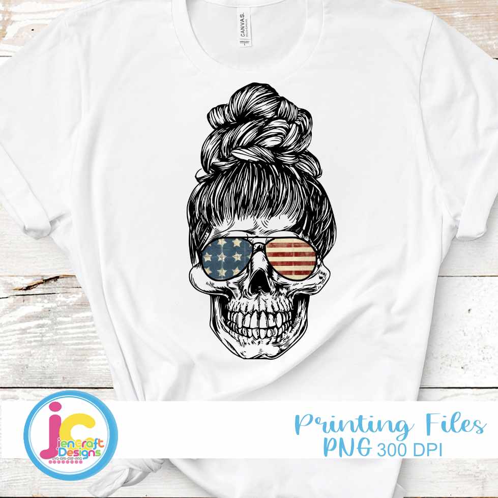 American Flag Skull PNG | Messy Bun PNG Sublimation File