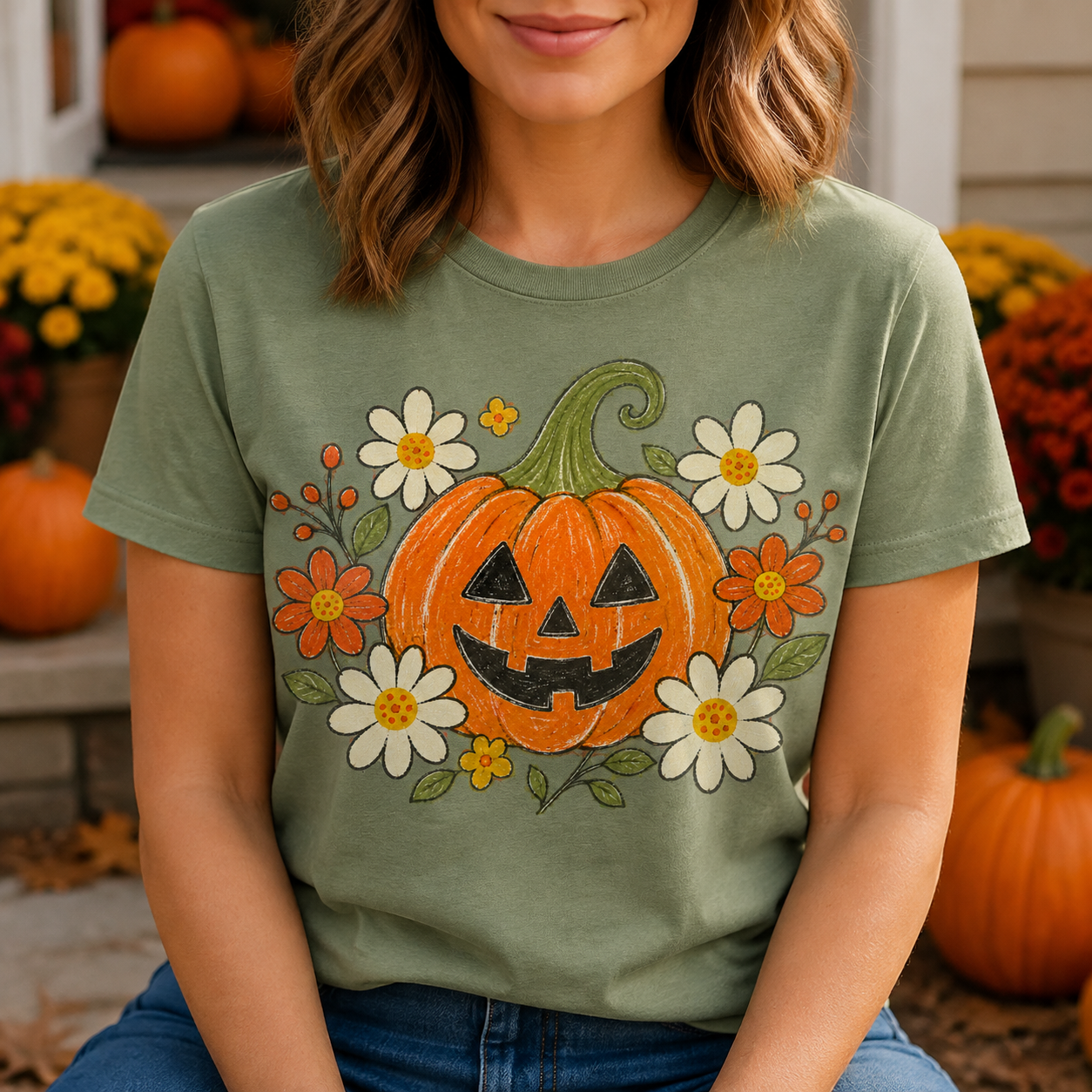 Daisy Floral Jack O Lantern PNG Sublimation Design