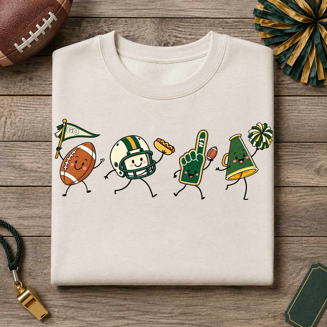 Forest Green Gold Cream Football Doodle PNG Sublimation Design