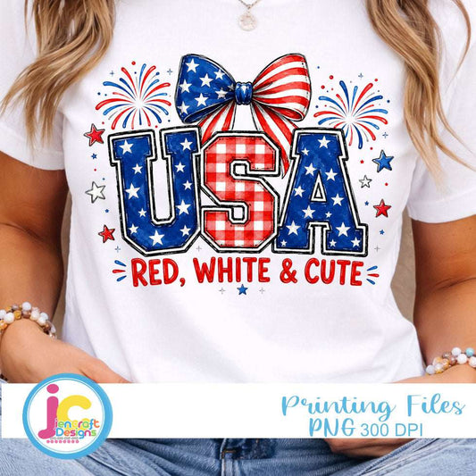 Red White and Cute PNG | Patriotic USA Bow Sublimation Design for 4th of July Shirts & Tumblers