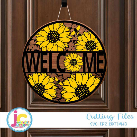 welcome-sunflower-svg-sign-summer-decor-round-door-hanger-wood-sign-honeybee-glowforge-cricut-silhouette-laser-cut-file-svg-eps-dxf-png
