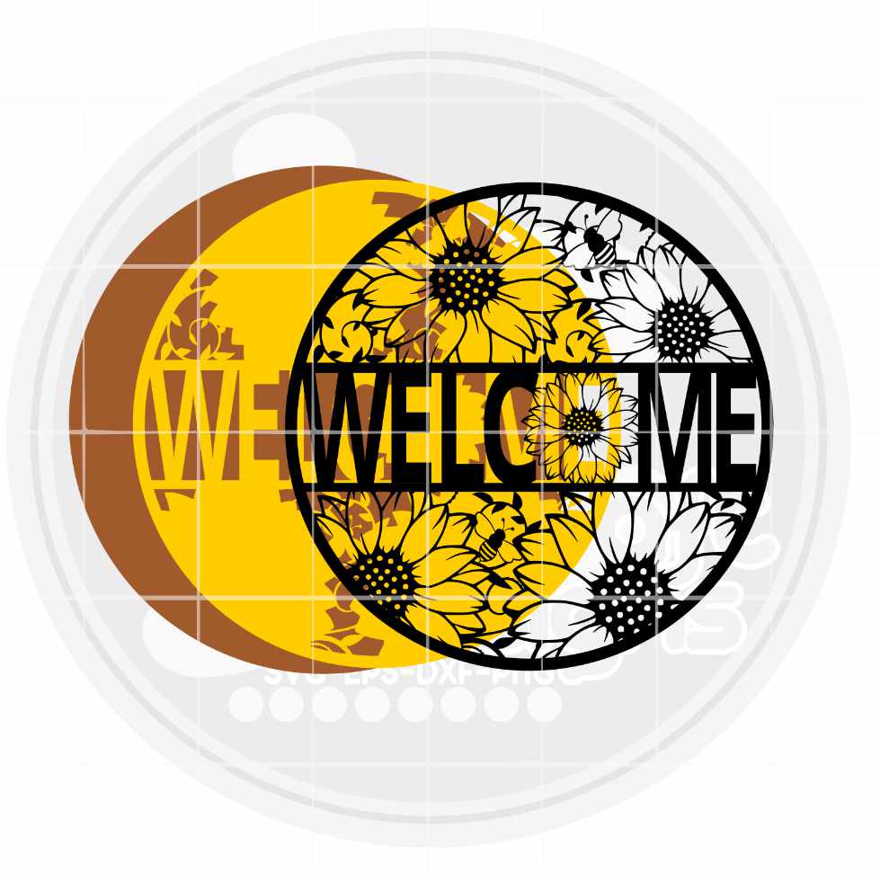 Welcome Sunflower Svg Sign, Summer decor, round door hanger wood sign Honeybee, Glowforge Cricut Silhouette laser cut file Svg Eps, Dxf Png - JenCraft Designs