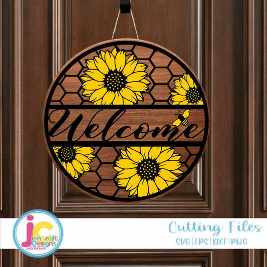 Sunflower Welcome Porch Sign Svg | Summer Round Honeycomb Sign SVG DXF PNG EPS JenCraft Designs