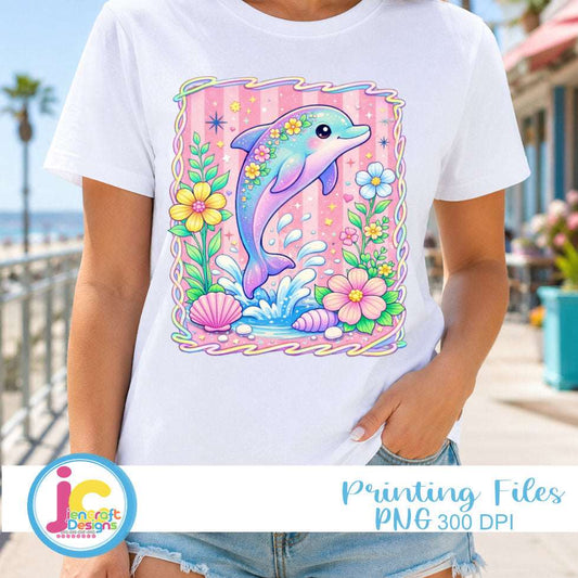 Preppy Dolphin Summer PNG | Tropical Flower Sublimation Design