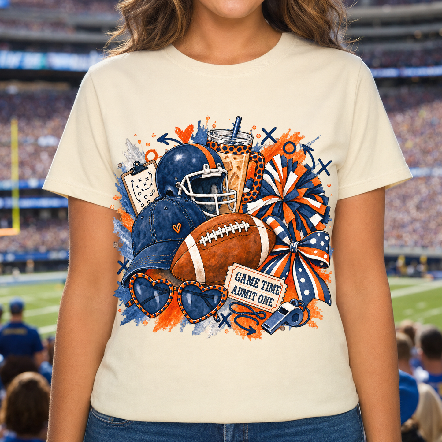 Game Time Admit One PNG | Navy Orange Football Sublimation
