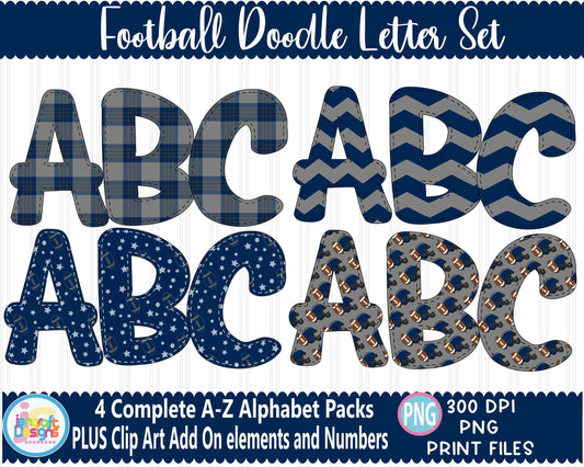football-blue-grey-faux-applique-doodle-letters-alphabet-bundle-png-hand-drawn-alpha-pack-digital-download-sublimation-digital-design-png
