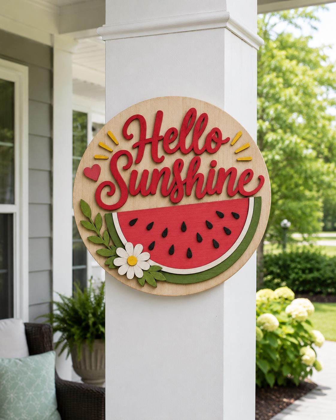 Hello Sunshine Door Sign SVG | Watermelon Summer Round Door Hanger Laser Cut File
