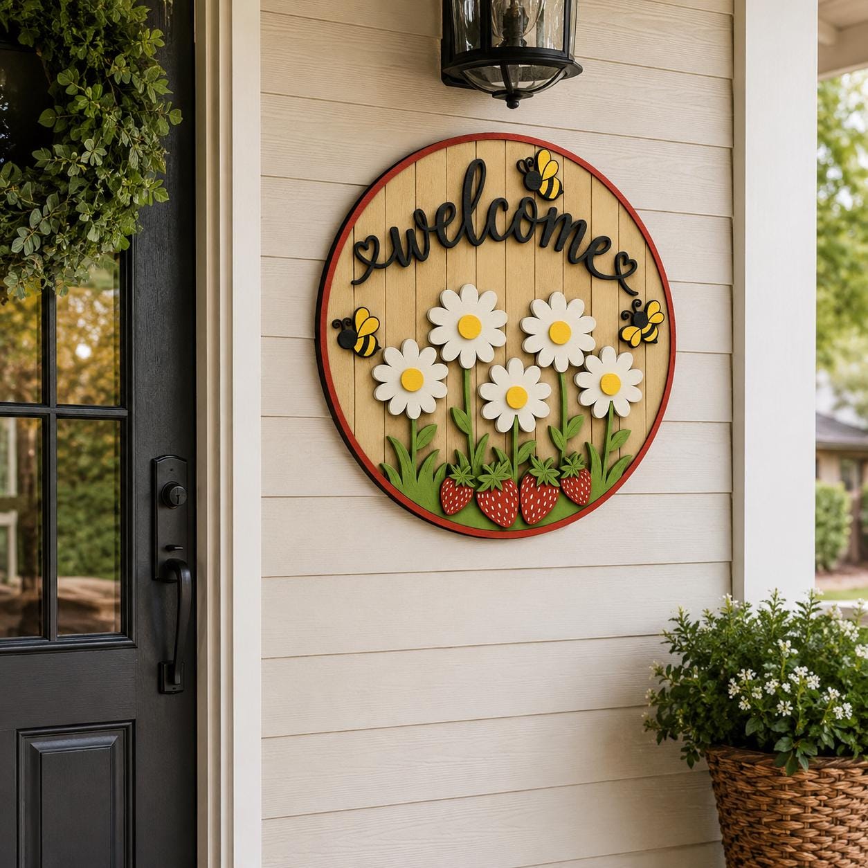Welcome Door Sign SVG | Summer Daisy Bee Strawberry Round Door Hanger Laser Cut File