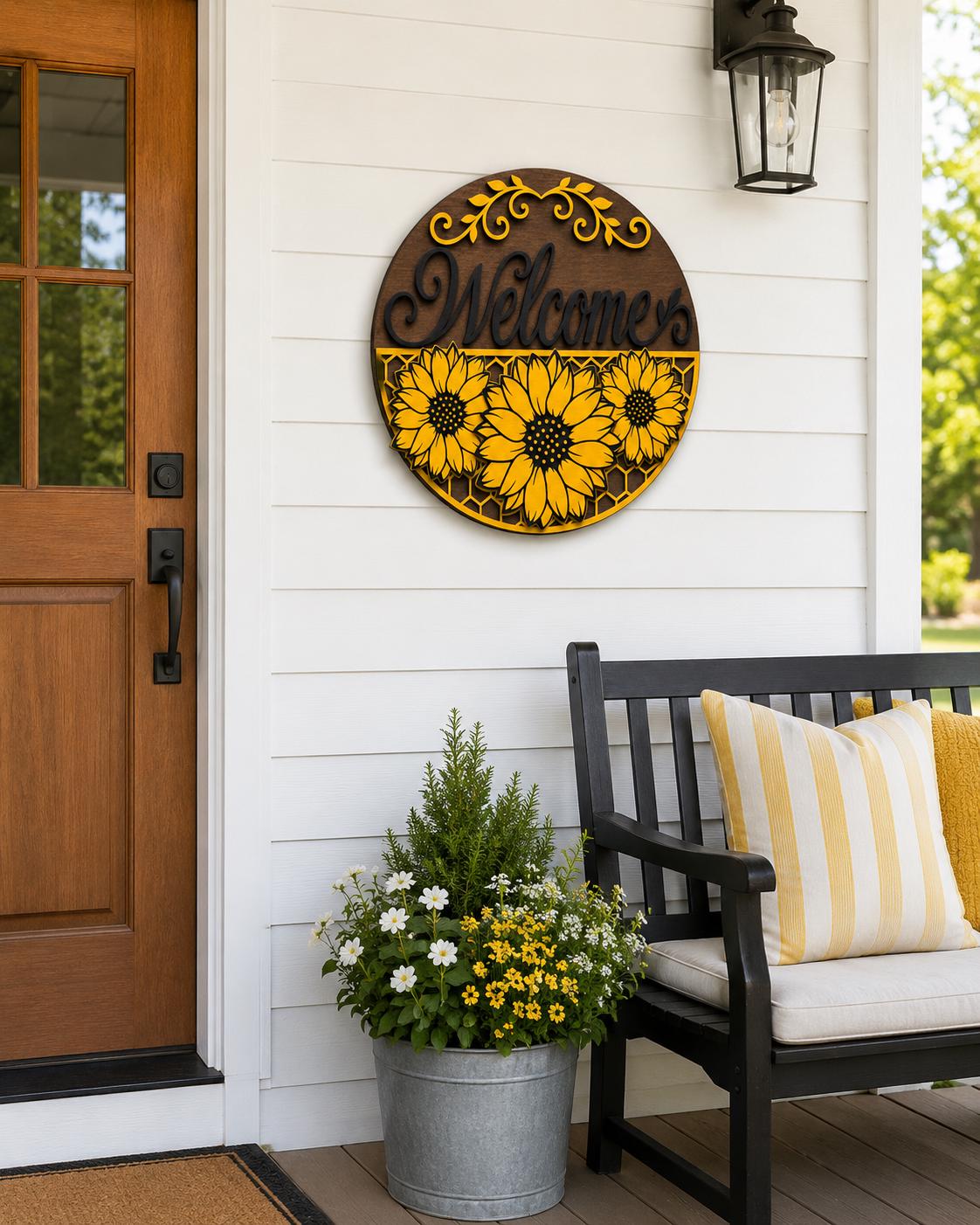 Sunflower Welcome Sign SVG | Round Summer Door Hanger Laser Cut File