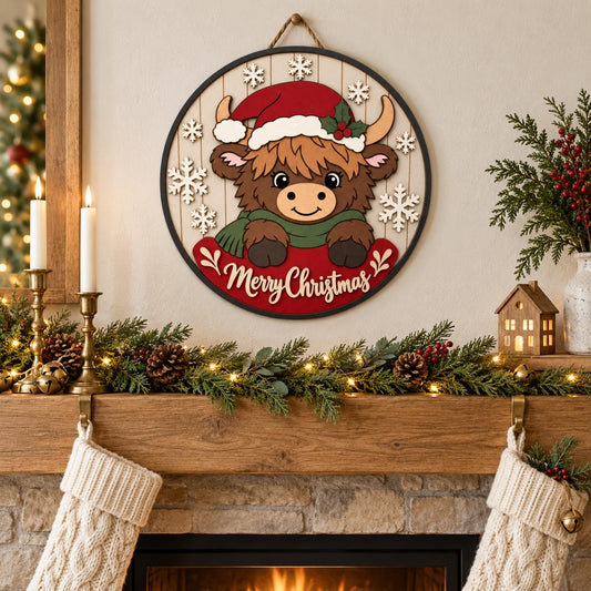Highland Cow Christmas Sign SVG | Layered Laser Door Hanger