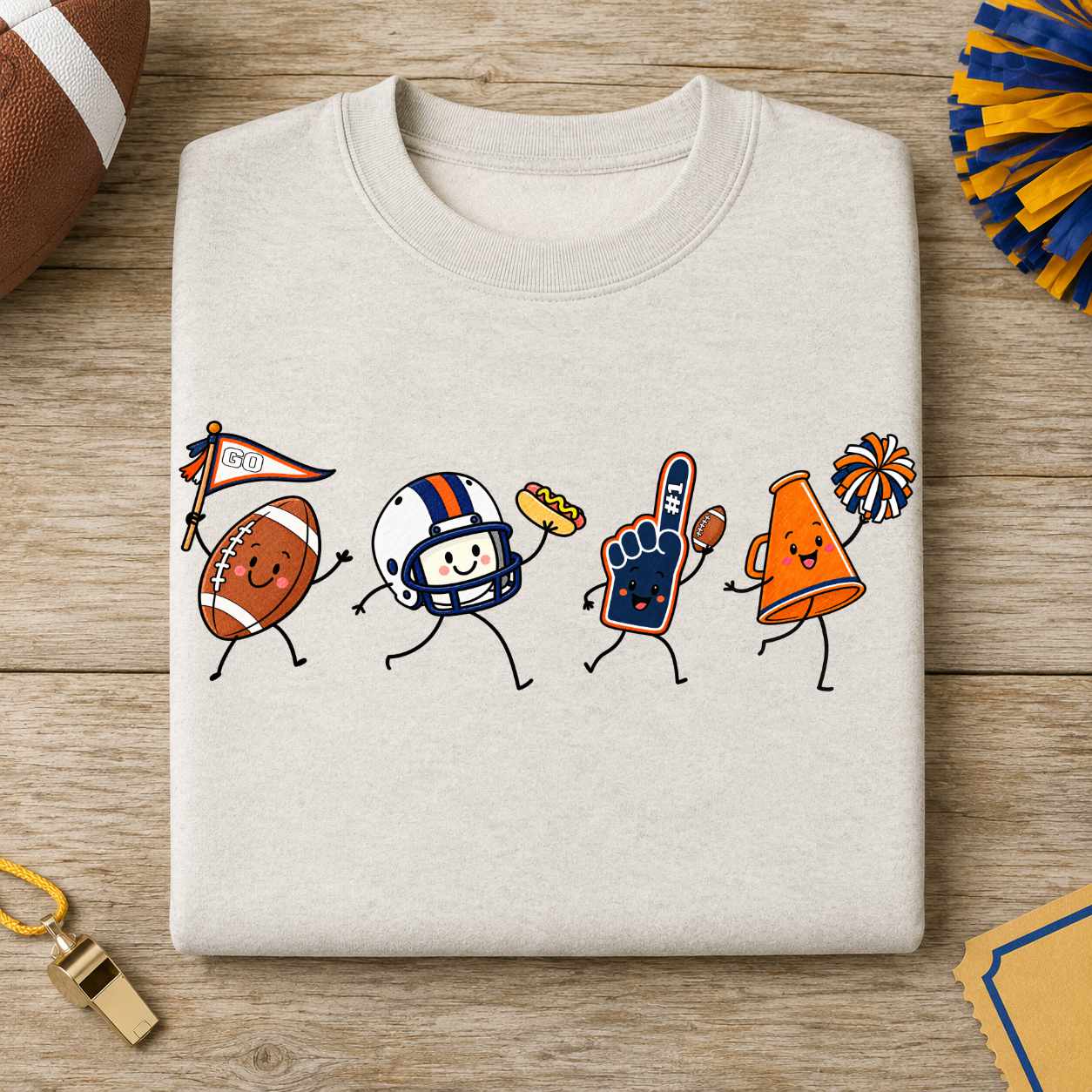 Navy Orange White Football Doodle PNG Sublimation Design