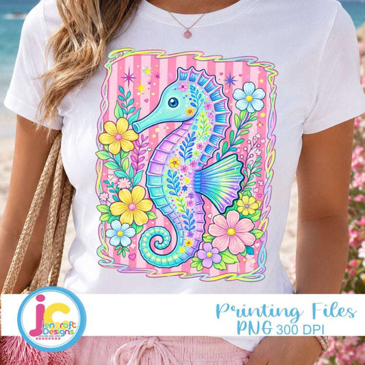 Preppy Seahorse Summer PNG | Tropical Flower Sublimation Design