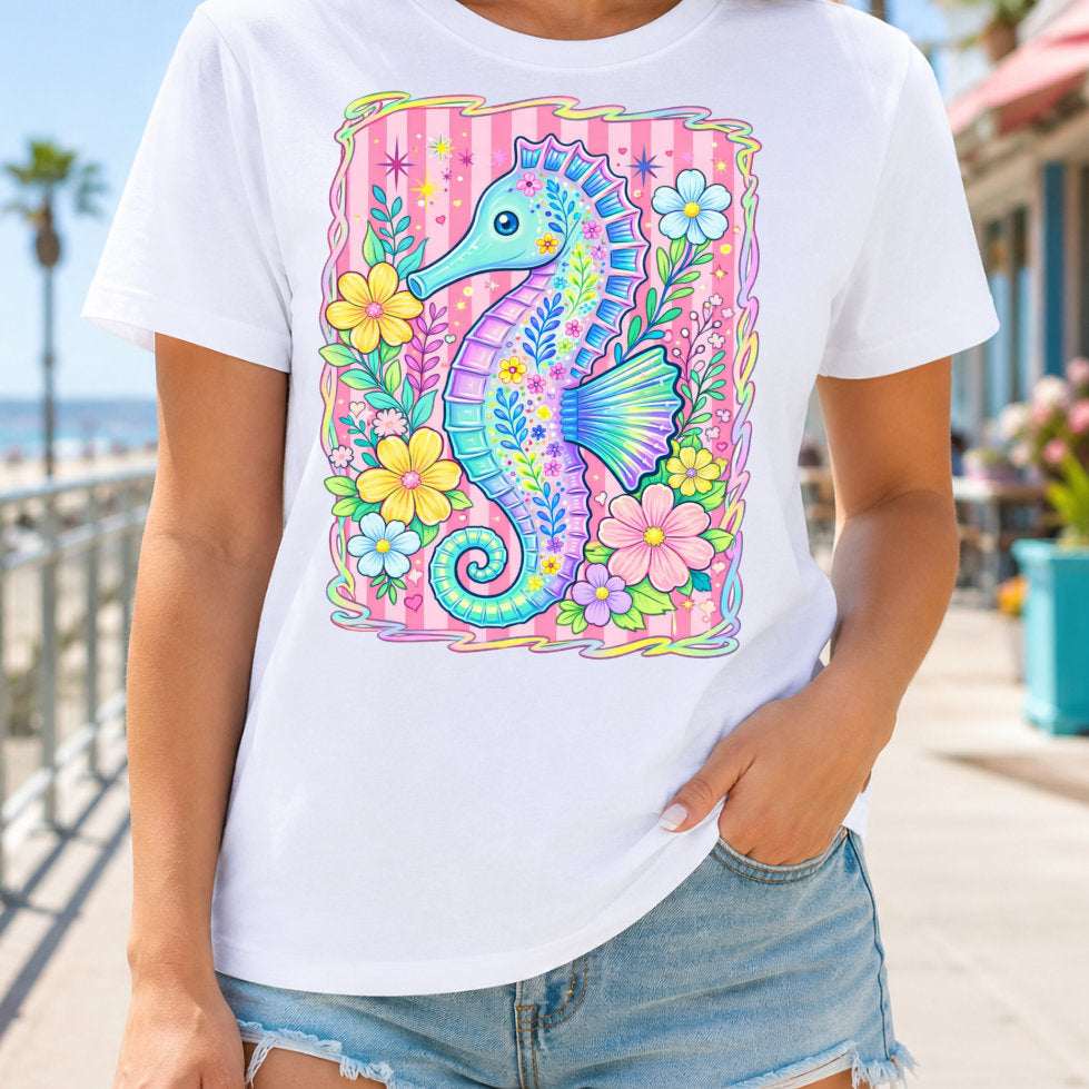 Preppy Seahorse Summer PNG | Tropical Flower Sublimation Design