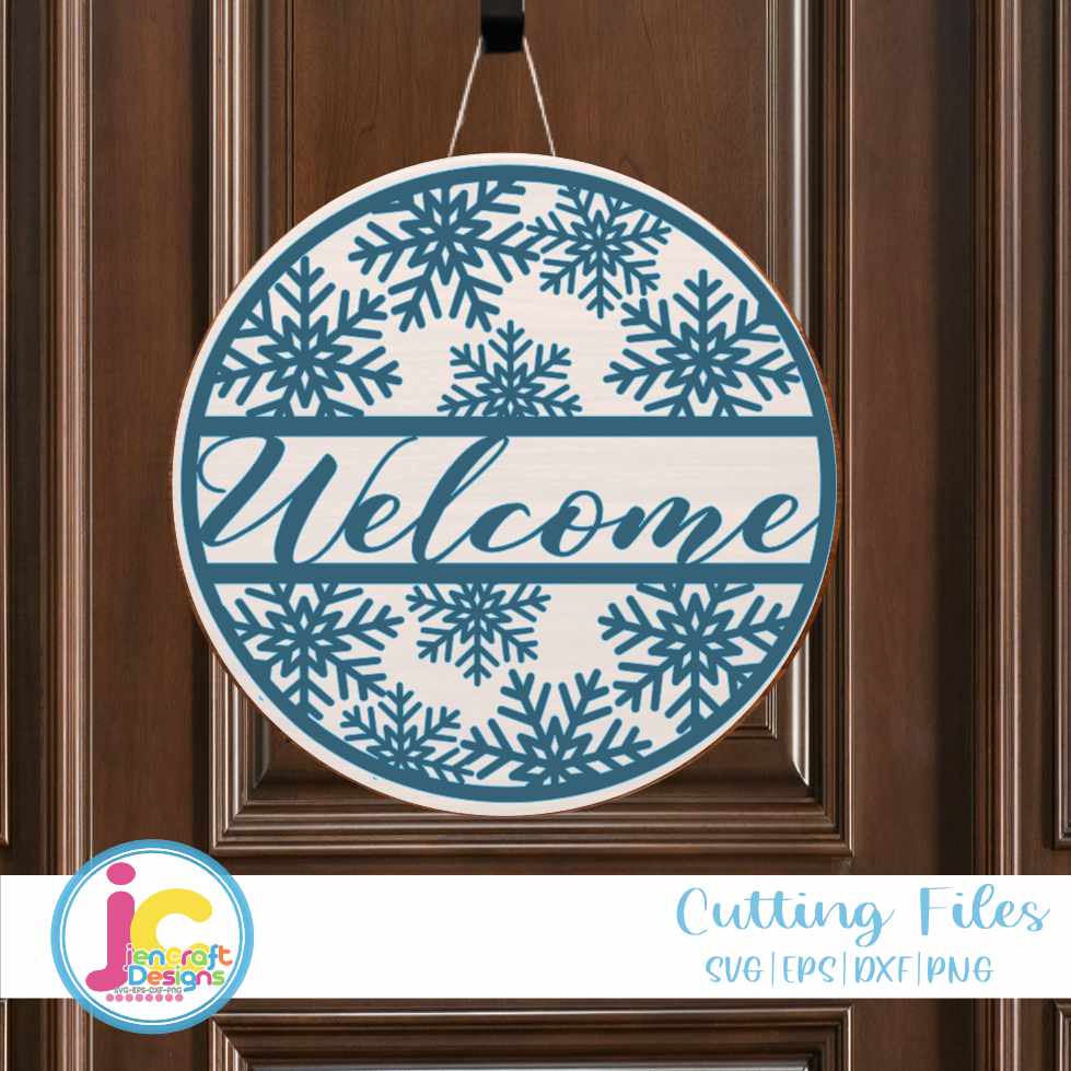winter-welcome-sign-christmas-snowflakes-decor-round-wood-door-hanging-hanger-glowforge-cricut-silhouette-laser-cut-file-svg-eps-dxf-png