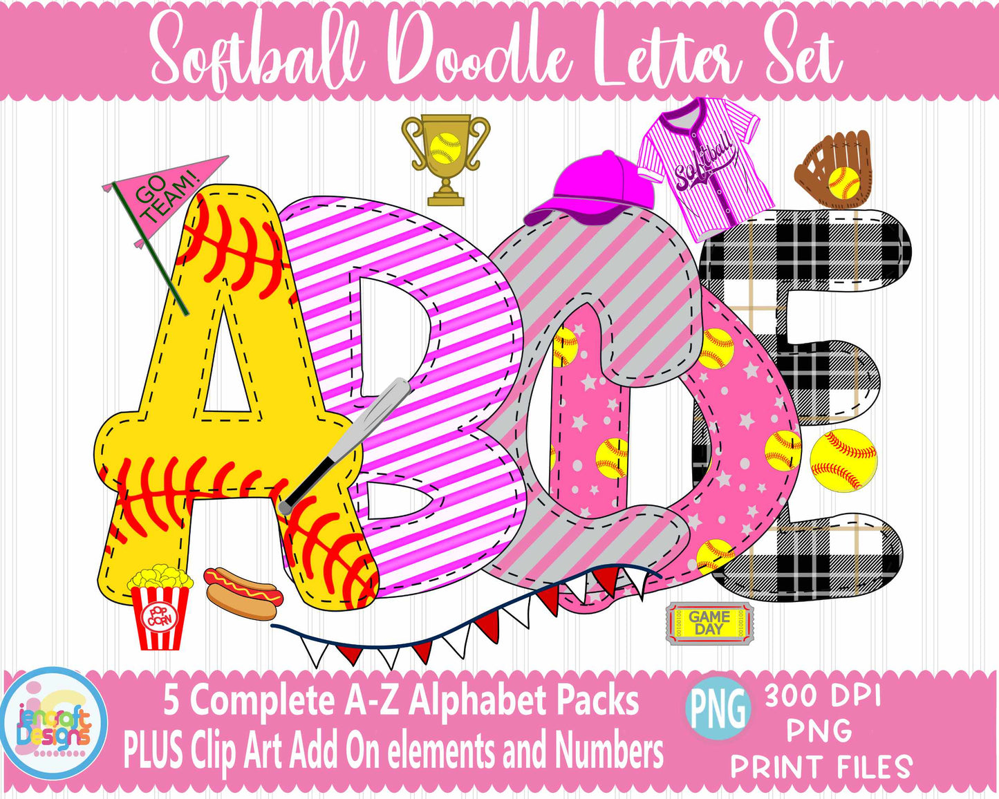 Softball Girl Faux Applique Doodle Letters | Softball Alphabet Png Sublimation File