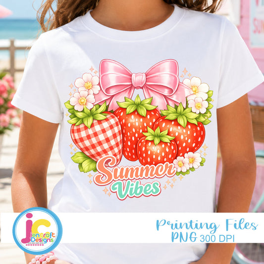 Summer Vibes Strawberry PNG | Coquette Sublimation Design