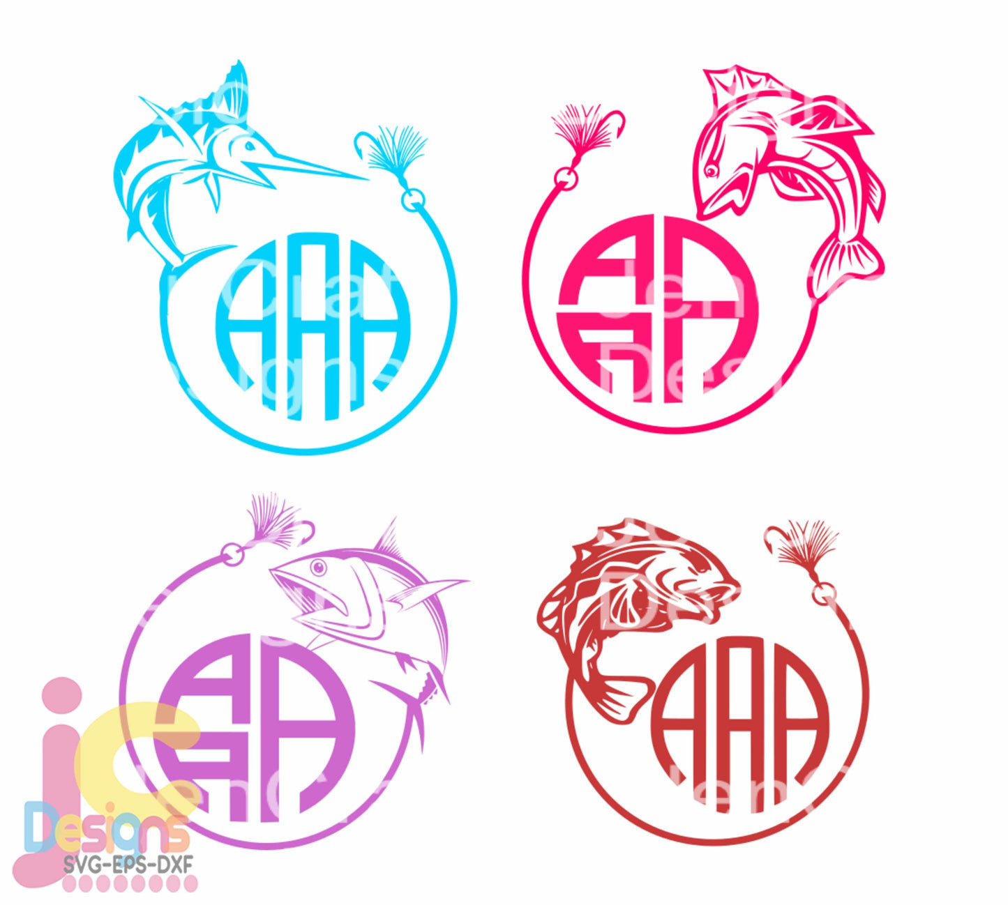 Fish Monogram Frame Svg, Fishing SVG EPS DXF PNG Bundle