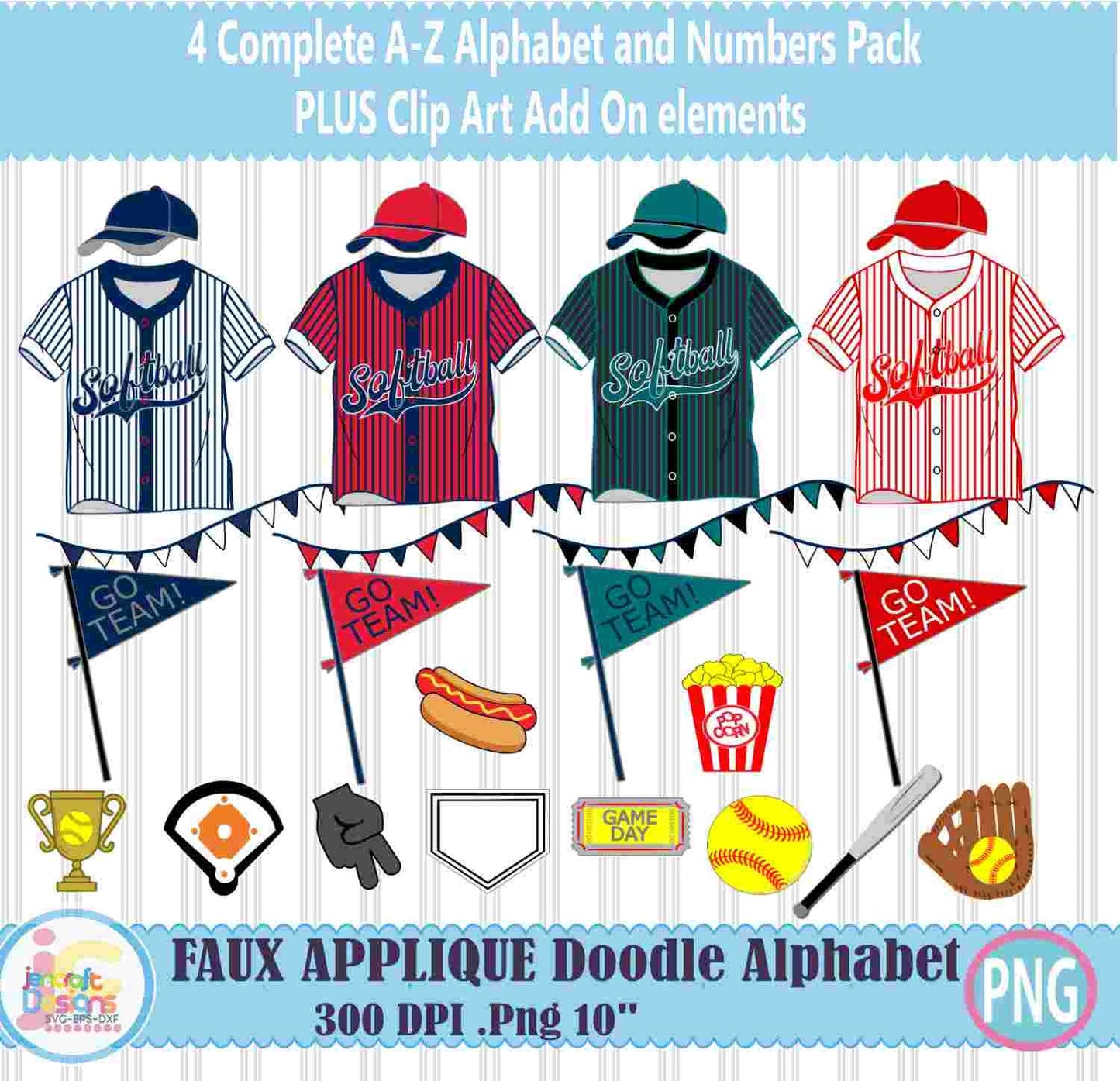 Softball Faux Applique Doodle Letters Alphabet Png Print File for Sublimation or Printing - JenCraft Designs