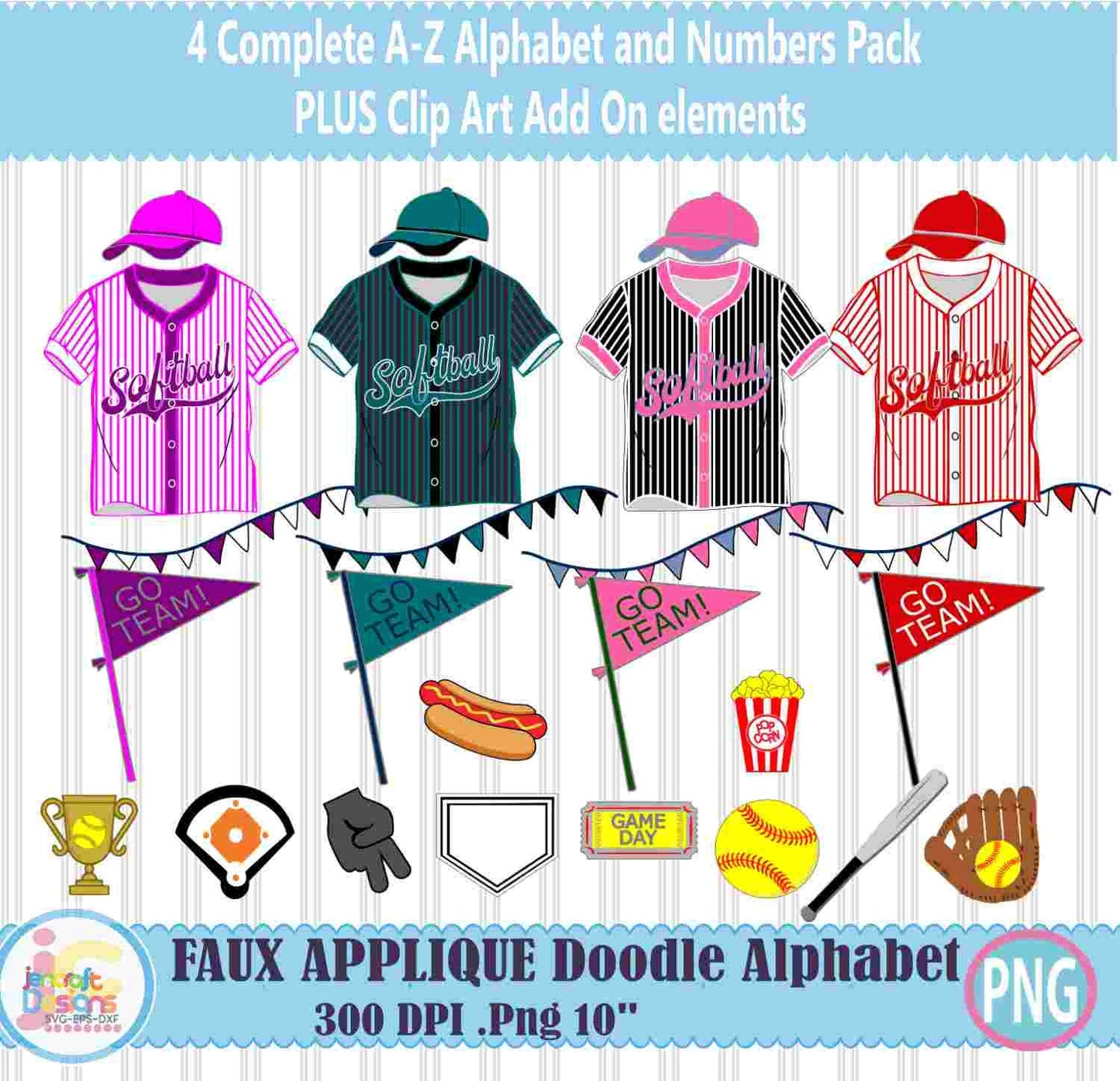 Softball Girl Faux Applique Doodle Letters Alphabet Png Print File for Sublimation or Printing - JenCraft Designs