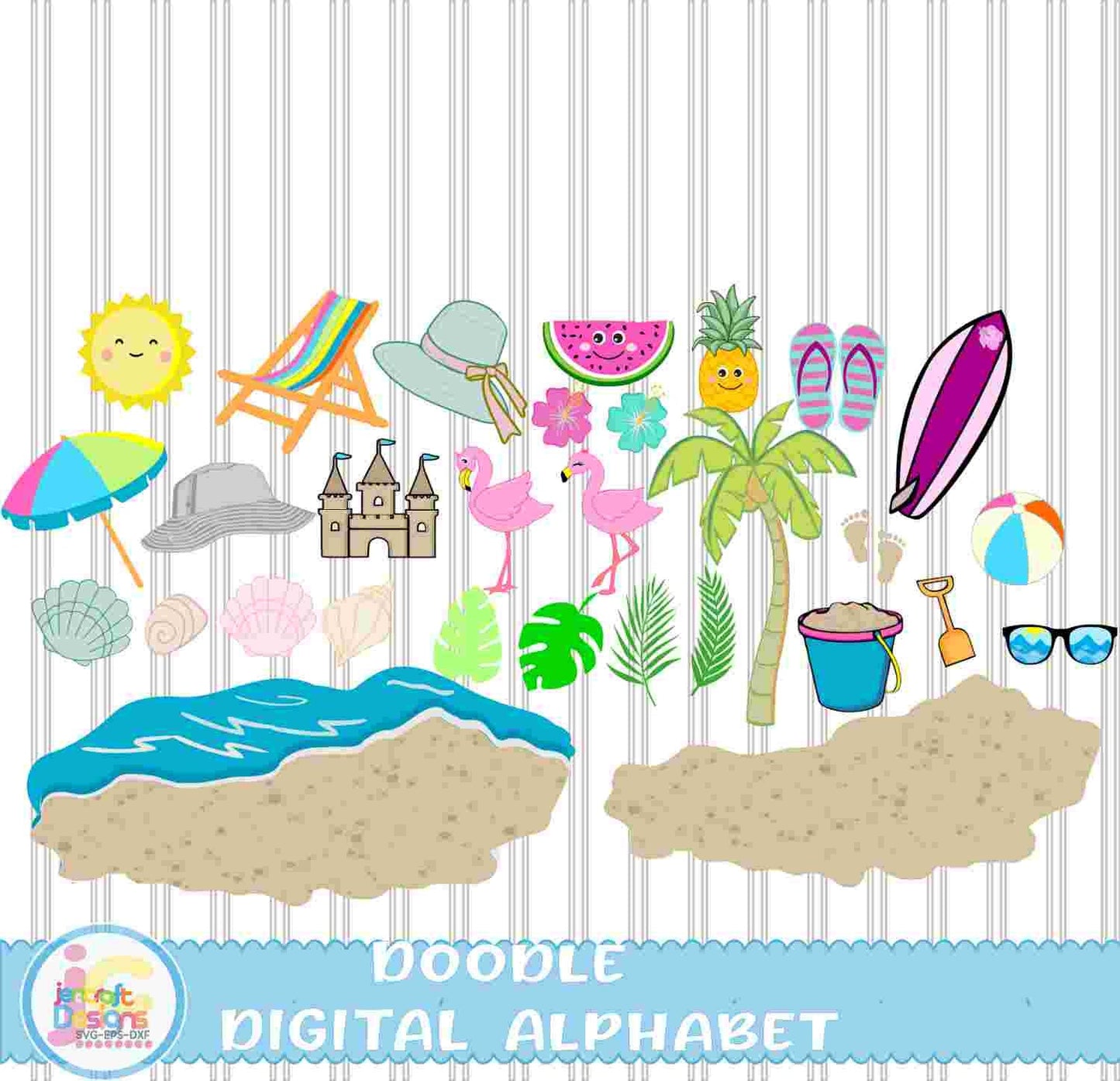 Beach Summer Doodle Letters Alphabet Png Print File for Sublimation or Printing - JenCraft Designs