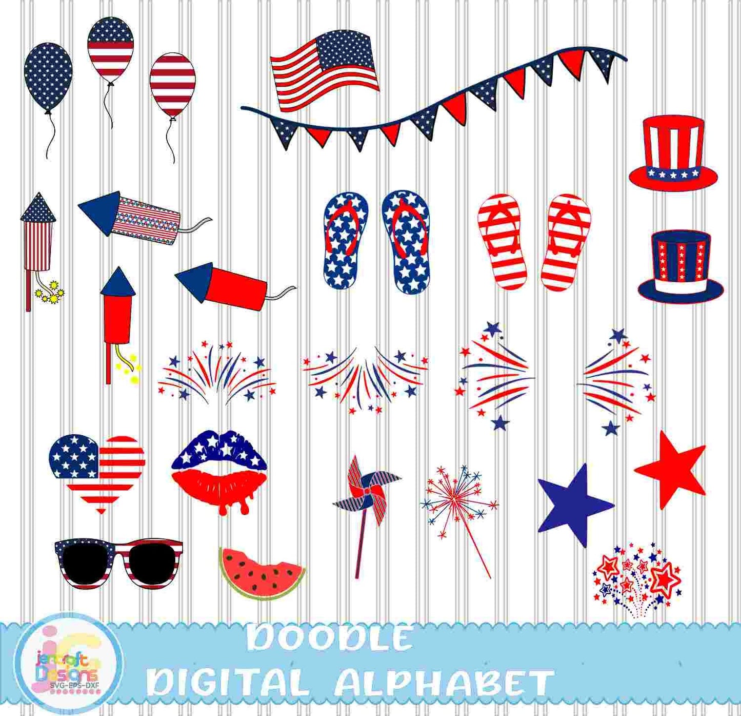 Patriotic Doodle Letters Alphabet Png Print File for Sublimation or Printing - JenCraft Designs