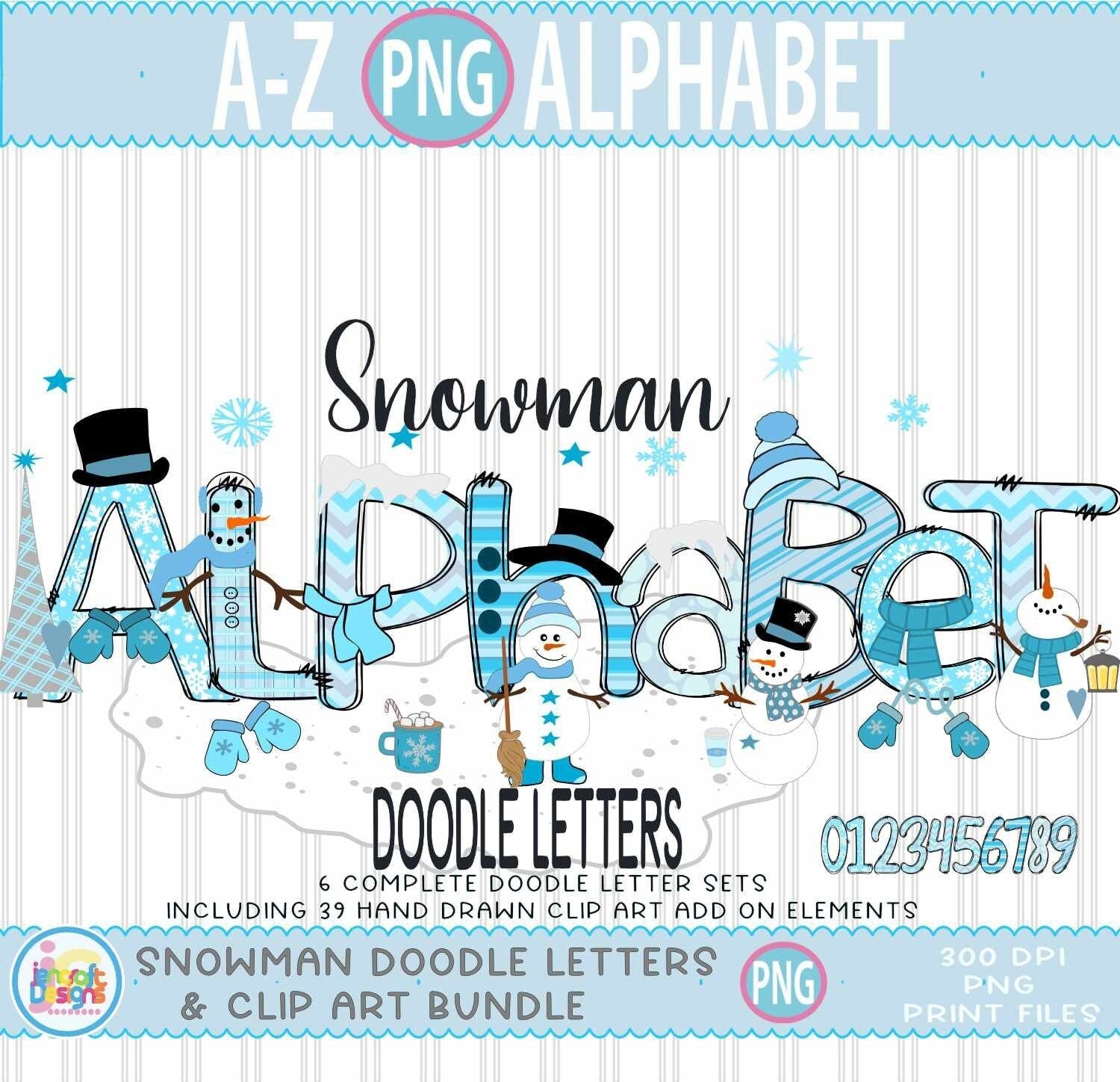 Christmas Alphabet Png, Snowman Christmas Doodle Letters Png - JenCraft Designs