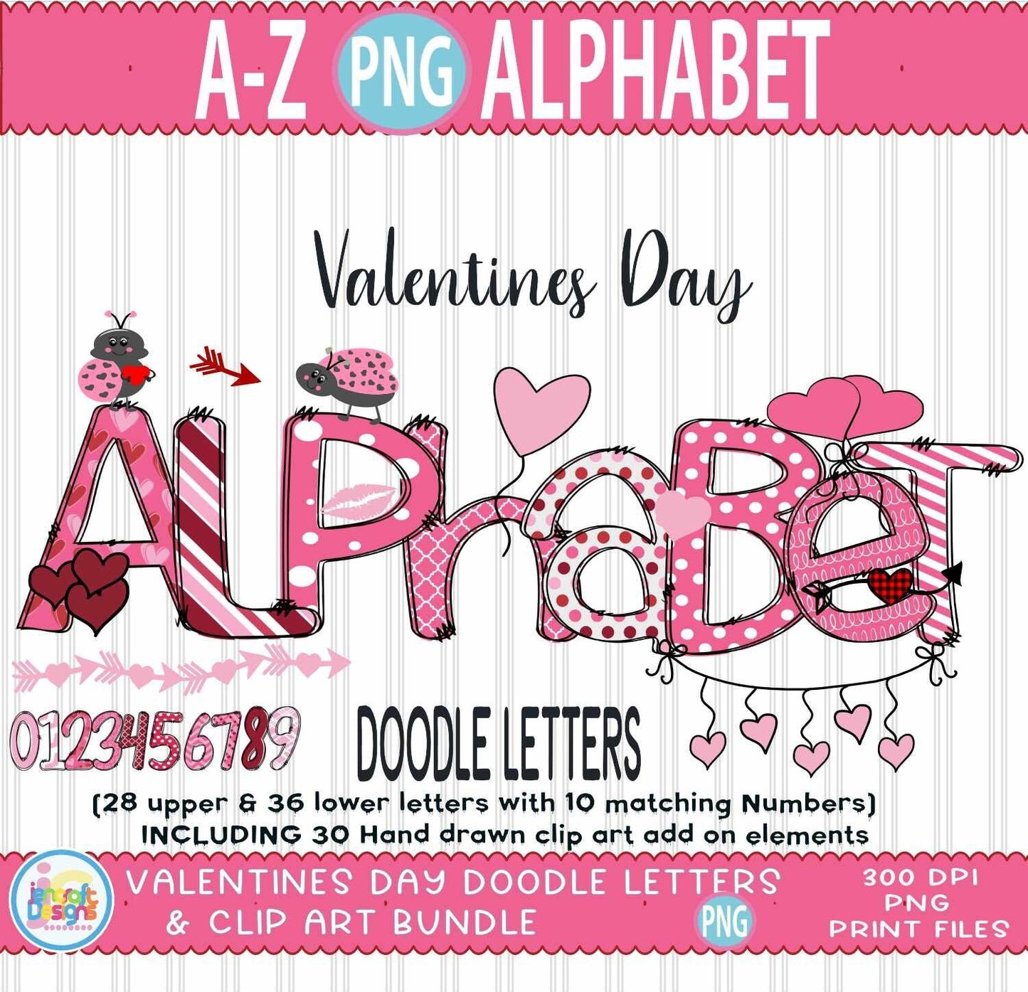 Valentines Alphabet Png, Valentines Day Doodle Letters Png - JenCraft Designs