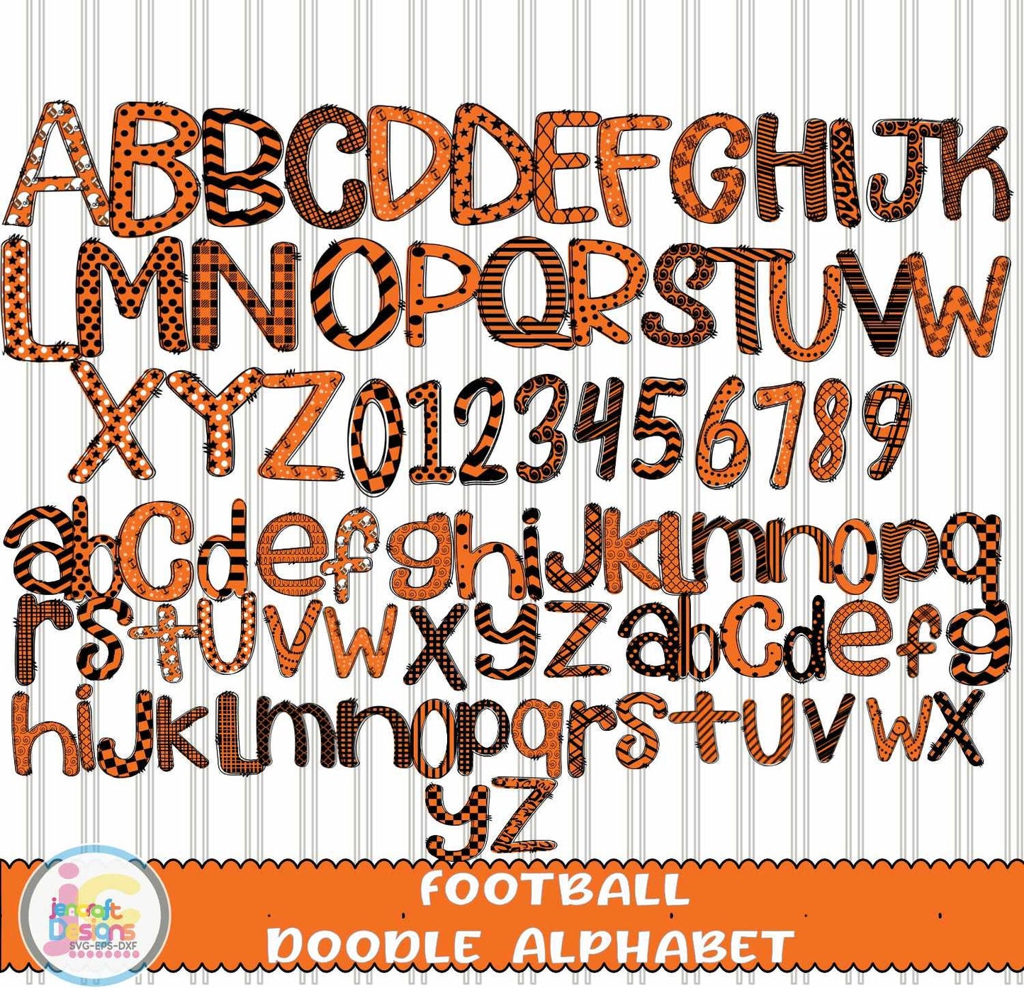 Black and Orange Football Doodle Letters Alphabet Png Print File for Sublimation or Printing - JenCraft Designs