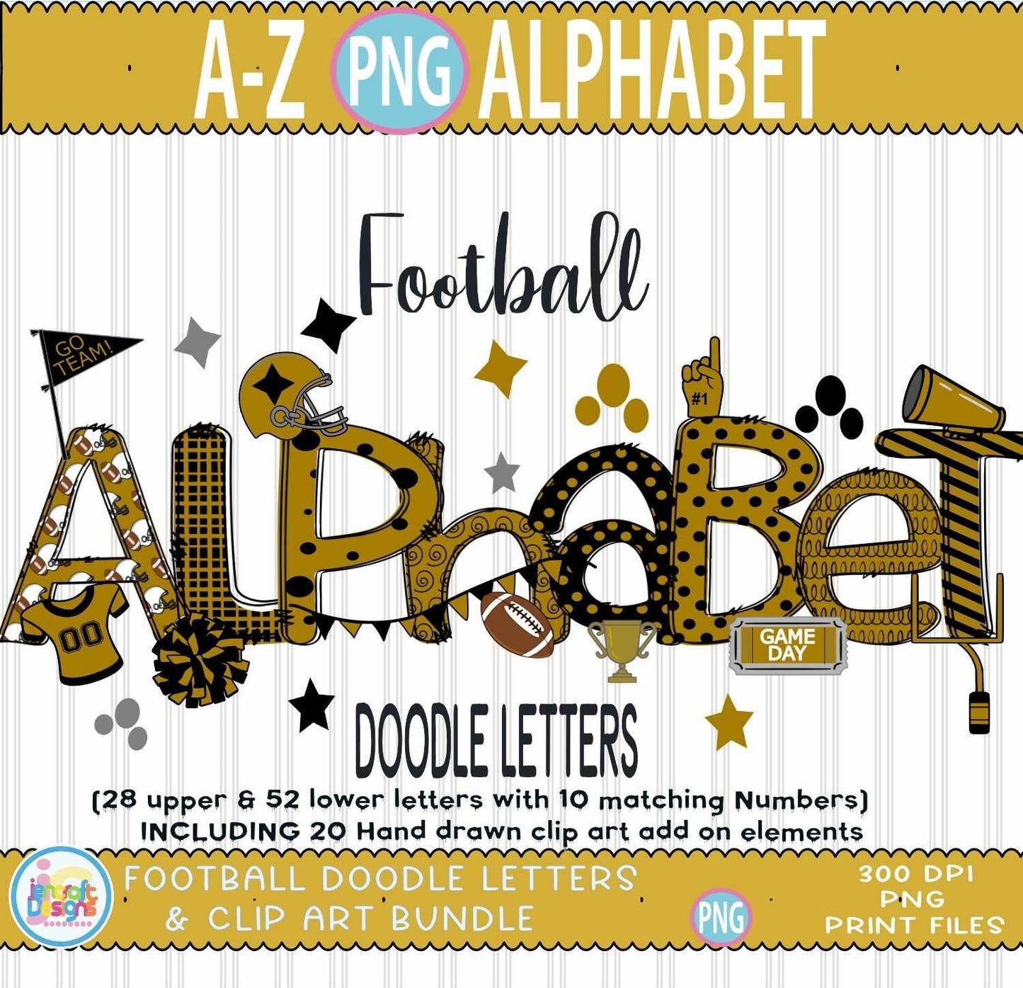 Black and Gold Doodle Letters png, Football Black Gold Alphabet Png - JenCraft Designs