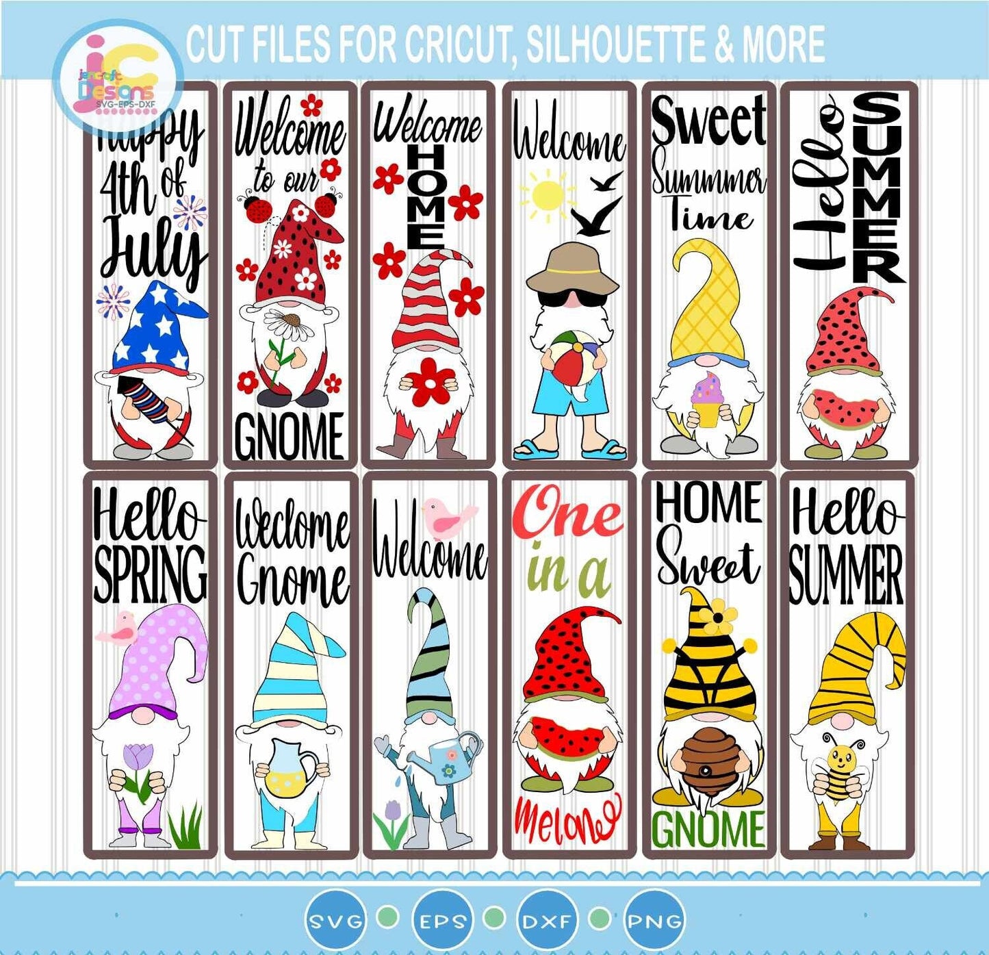 Spring Summer Sign Bundle, Gnome Vertical Leaner Sign SVG DXF PNG EPS