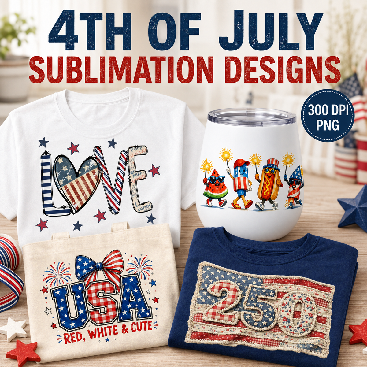 Red White and Cute PNG | Patriotic USA Bow Sublimation Design for 4th of July Shirts & Tumblers