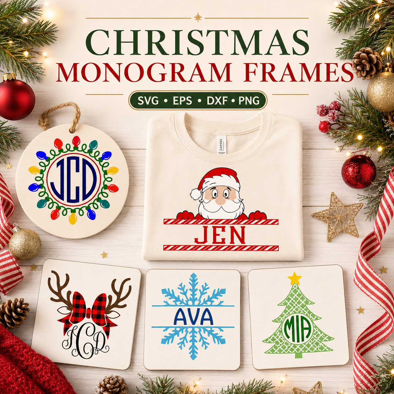Christmas monogram frames svg eps dxf png cut files