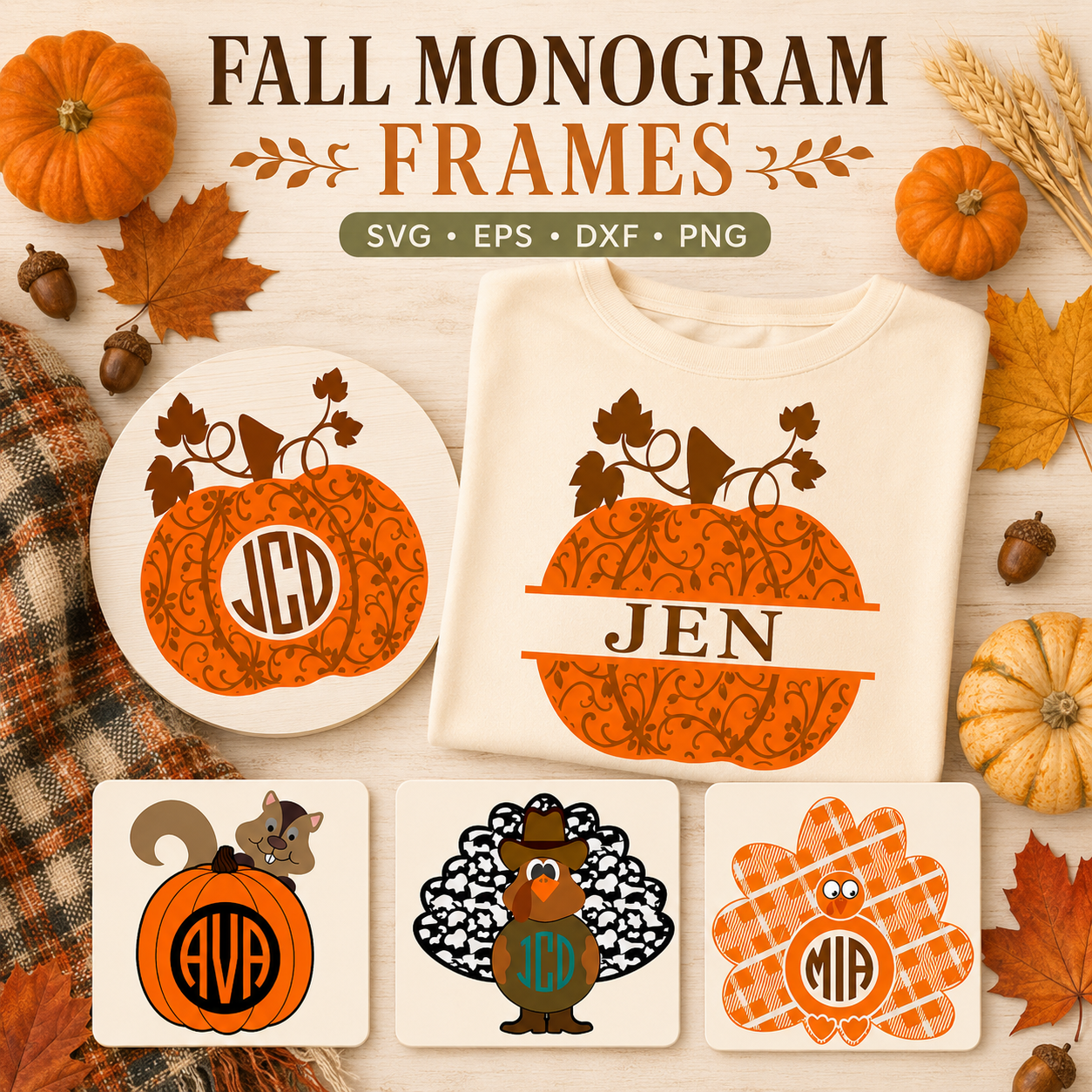 Fall Monogram Frames svg eps dxf png cut files