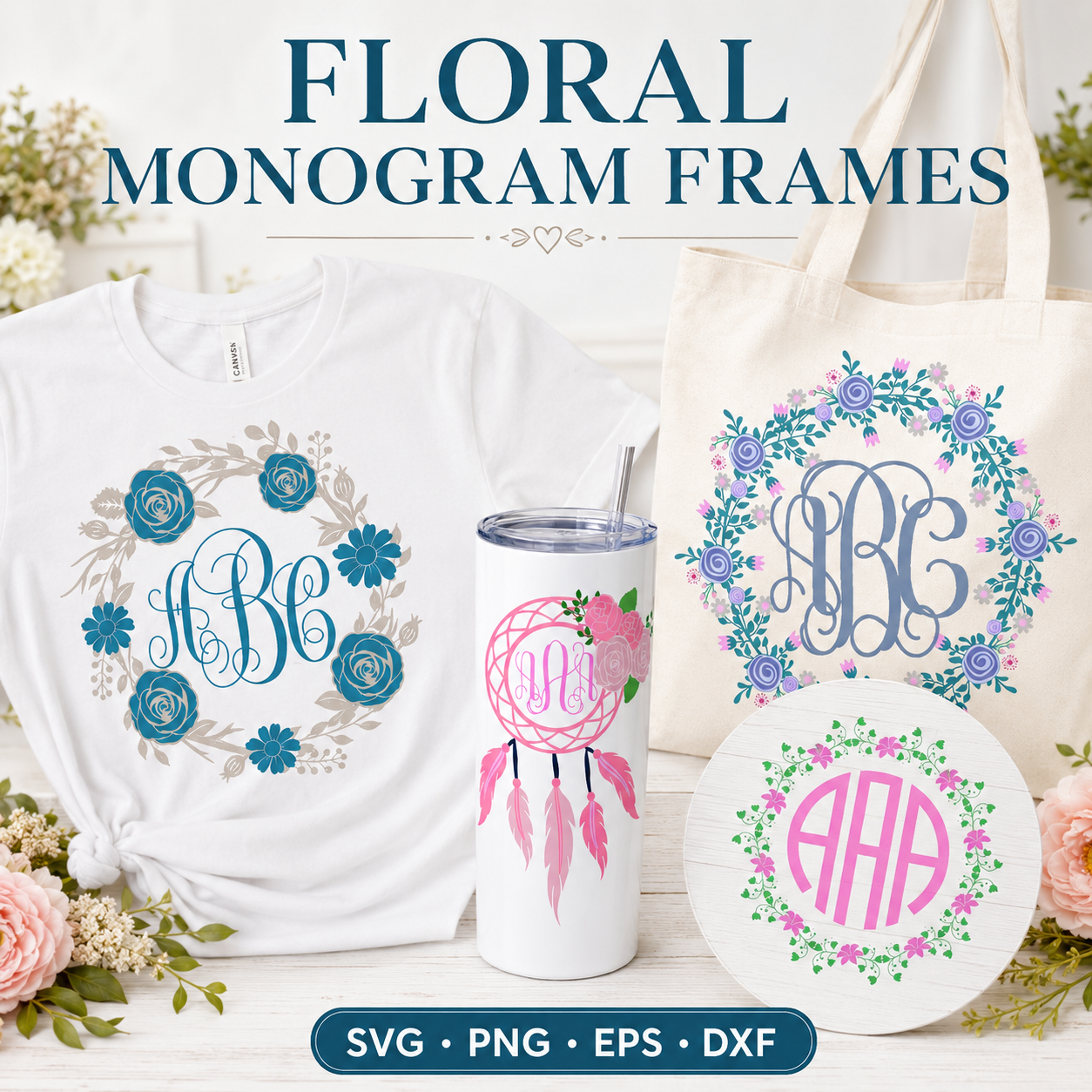 floral monogram frames svg eps dxf png cut files