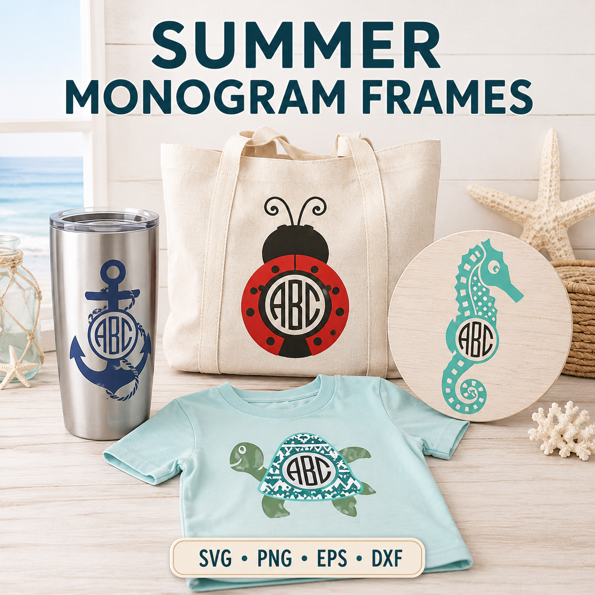 summer monogram frames svg eps dxf png cut files