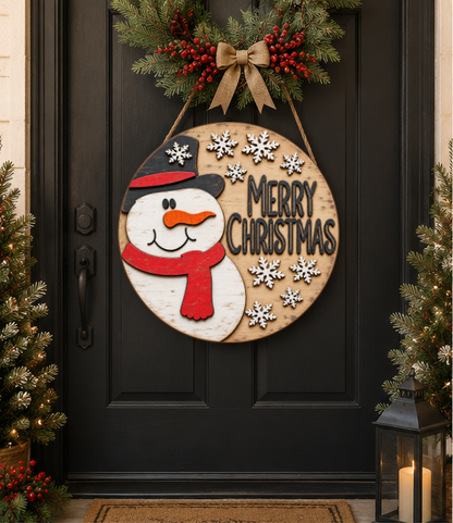 Snowman Christmas Door Hanger SVG | Layered Laser Cut Sign SVG EPS DXF PNG