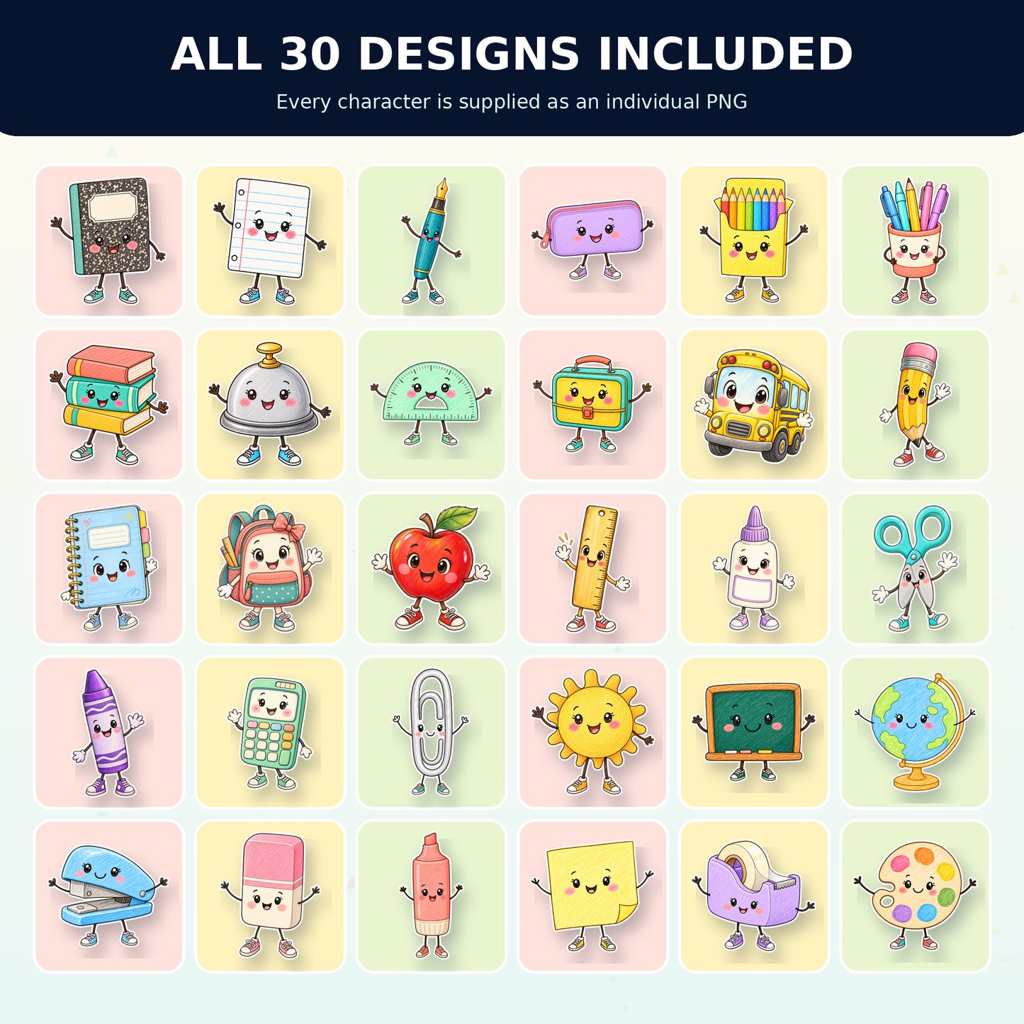 Cute School Supplies PNG Bundle | Back to School Sublimation Clipart