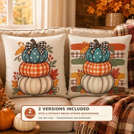 Stacked Plaid Pumpkins PNG Sublimation Design, 2 Versions