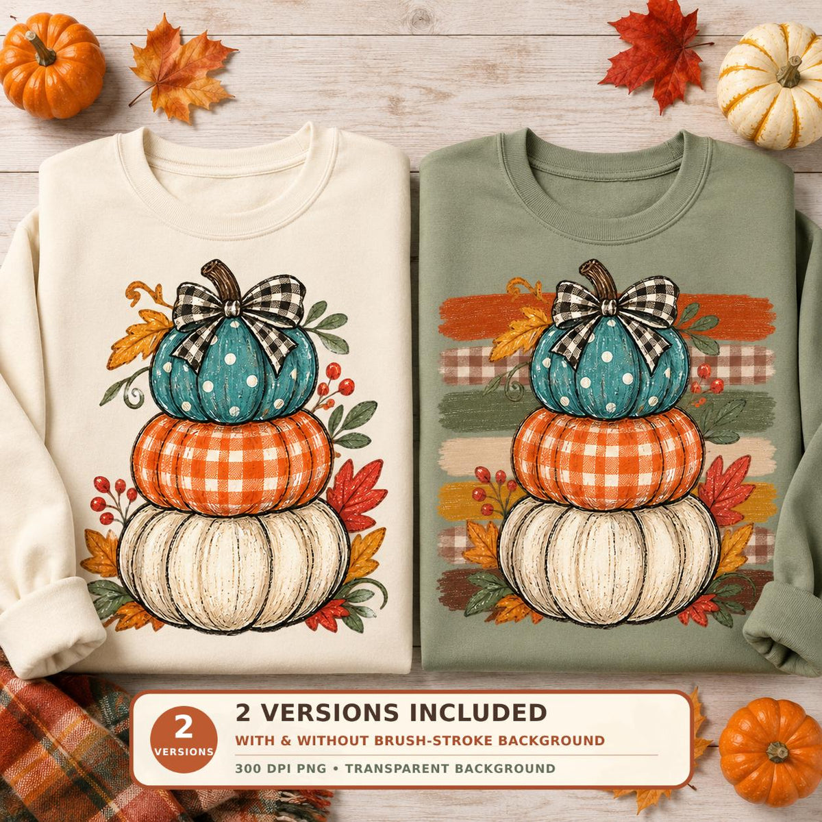 Stacked Plaid Pumpkins PNG Sublimation Design, 2 Versions