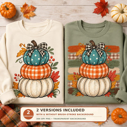 Stacked Plaid Pumpkins PNG Sublimation Design, 2 Versions