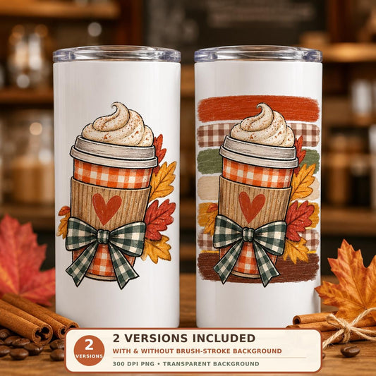 Fall Coffee Cup PNG Sublimation Design, 2 Versions