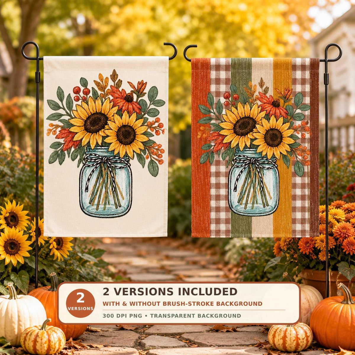Sunflower Mason Jar PNG Sublimation Design, 2 Versions