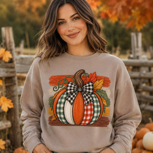 Patchwork Plaid Pumpkin PNG Sublimation Design, 2 Versions