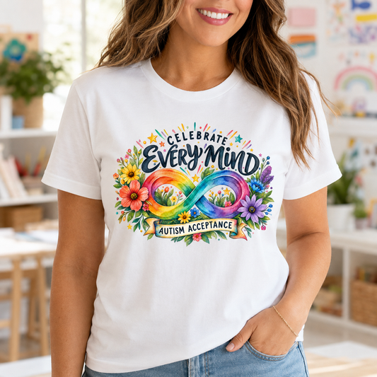 Celebrate Every Mind Autism Acceptance Rainbow Infinity Symbol Floral Sublimation PNG – JenCraft Designs digital download