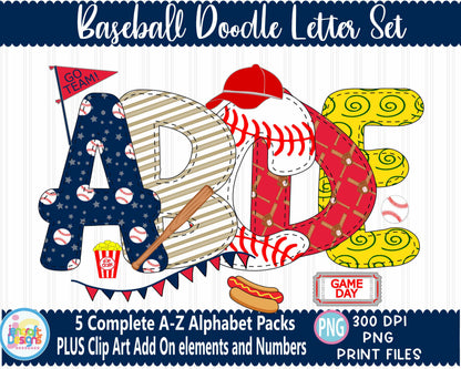 Baseball faux Applique Doodle Letters | Baseball Alphabet Png Sublimation File