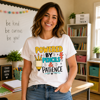 Powered by Pencils and Patience Back to School Sublimation PNG Teacher Shirt Design