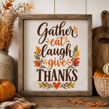 Gather Eat Laugh Give Thanks Fall Sublimation PNG Shirt Design
