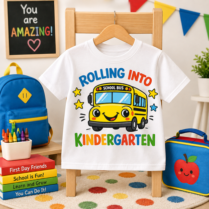 Rolling into Kindergarten Back to School Sublimation PNG Kids Shirt Design