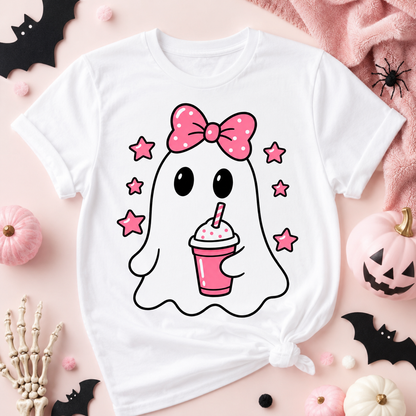 Coquette Halloween Ghost PNG | Pink Bow Iced Drink Sublimation